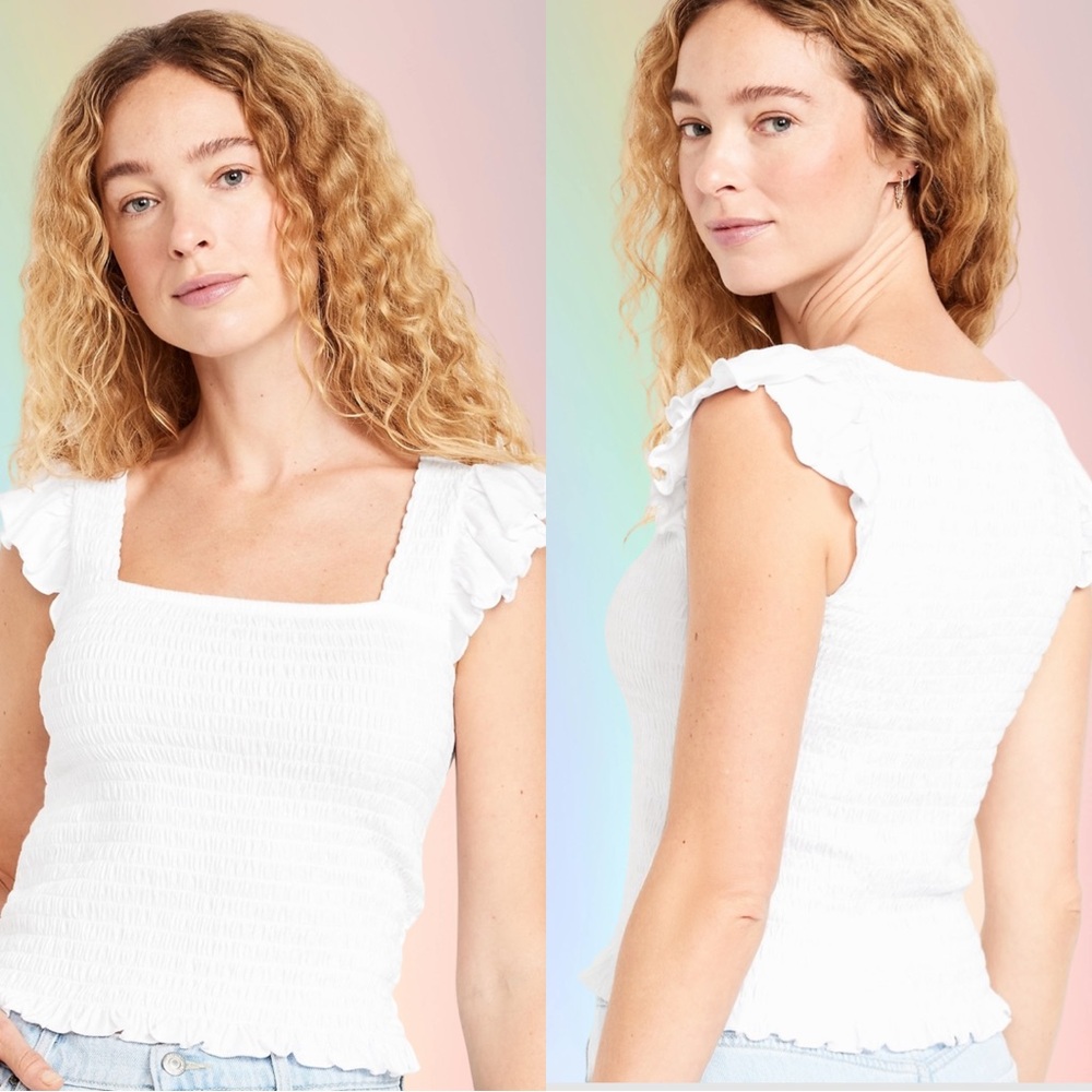 NWTS💓GAP OLD NAVY XL💓CRISP WHITE COTTON SEERSUCKER SMOCKED FLUTTER SLEEVED TOP - Picture 3 of 12